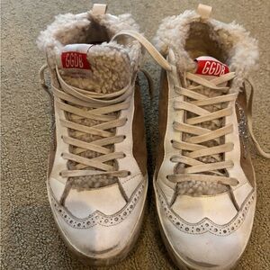 Golden Goose White and Tan Sneakers with sequin stars